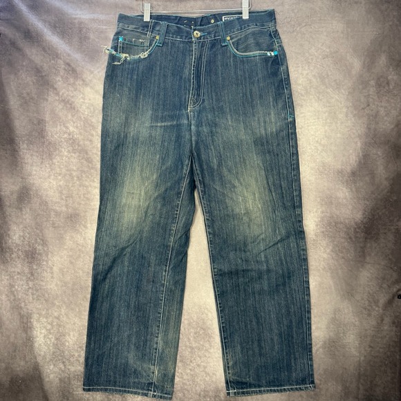 Vintage Y2K Enyce Denim Baggy Raw Hem Blue Logo Embroidered Jeans Men's Size 34‎ - Picture 2 of 10
